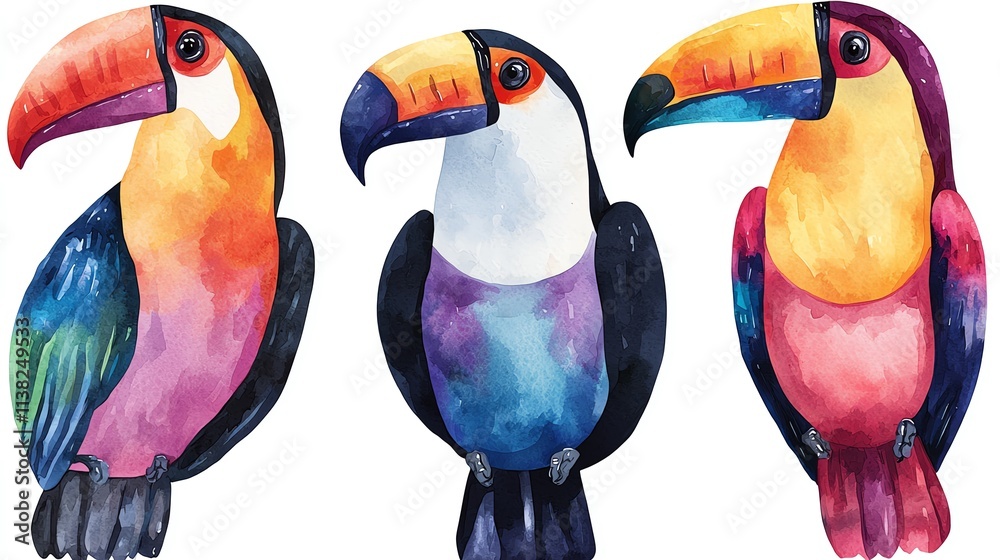 Obraz premium Three vibrant toucans with colorful beaks and feathers, showcasing their distinct appearances against a white background.