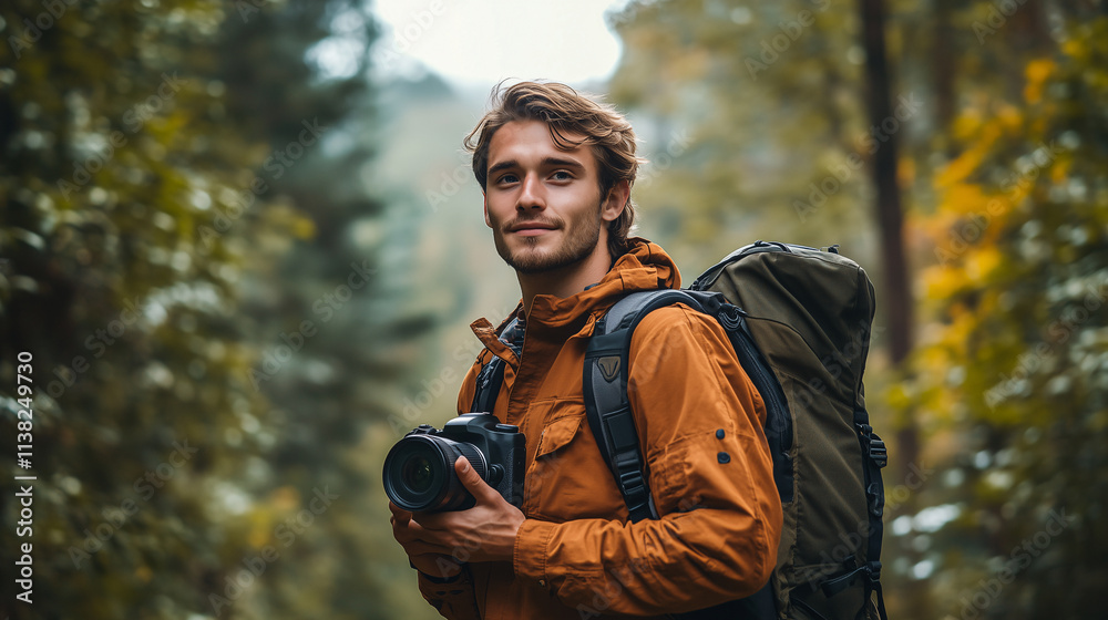 A male traveler standing confidently holding a camera ready to capture the perfect shot with blurred landscape forest vibrant greenery evoke a sense of motivation for traveling, adventure, and explore A male traveler standing confidently holding a camera ready to capture the perfect shot with blurred landscape forest vibrant greenery evoke a sense of motivation for traveling, adventure, and explore