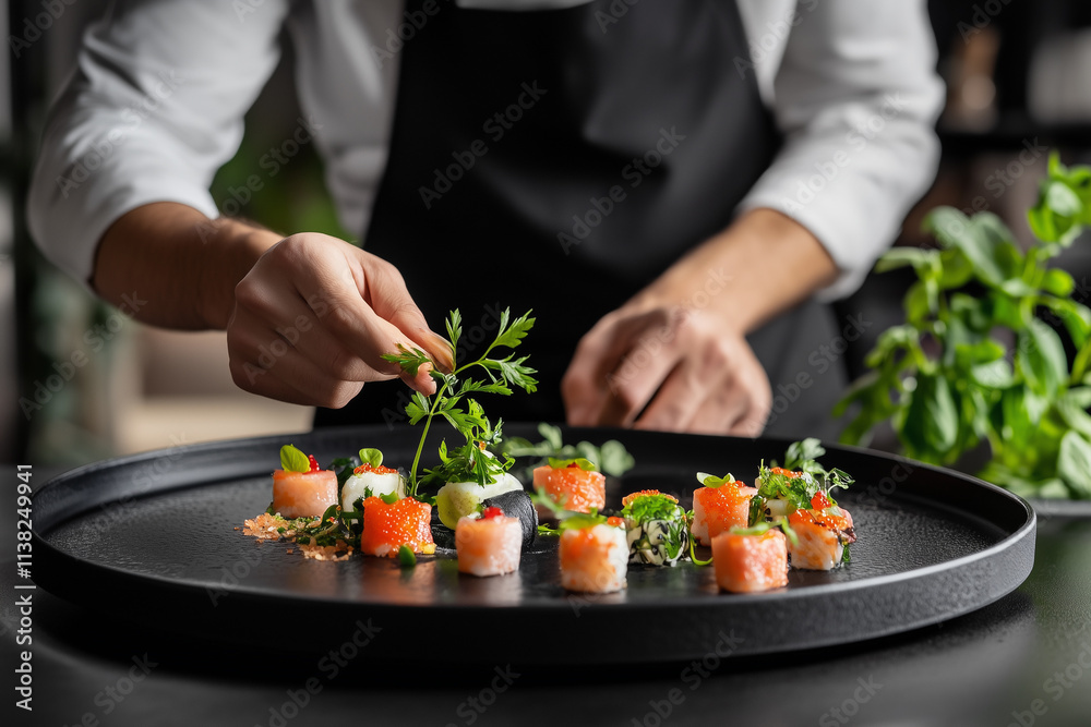 Elegant Sushi Rolls with Garnish on Black Plate 