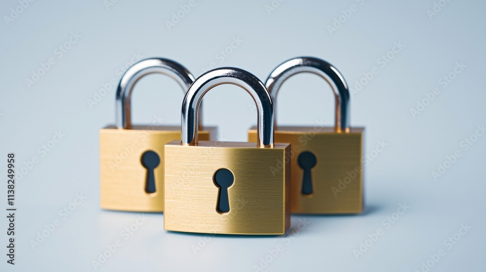 Financial safeguards and investment safety. Three golden padlocks arranged on a light background, symbolizing security and protection. Financial safeguards and investment safety. Three golden padlocks arranged on a light background, symbolizing security and protection.