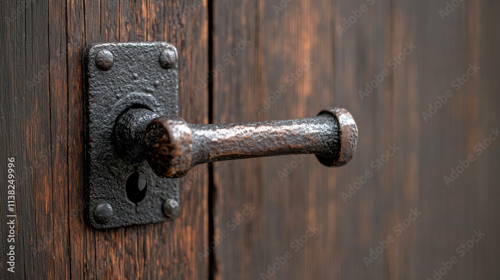 Close-Up of an Old Rustic Door Handle on a Weathered Wooden Door, Showcasing Textured Black Iron Hardware and Rich Brown Tones of Natural Wood Grain Close-Up of an Old Rustic Door Handle on a Weathered Wooden Door, Showcasing Textured Black Iron Hardware and Rich Brown Tones of Natural Wood Grain