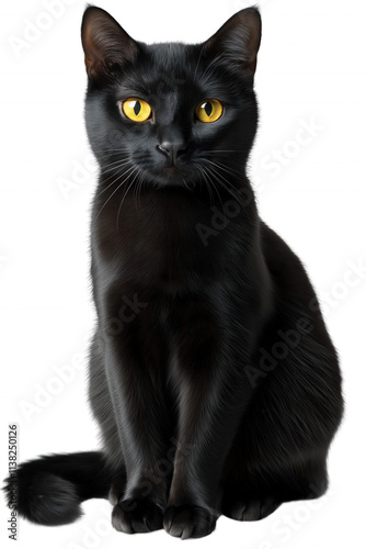 A black cat with yellow eyes is sitting on a white background