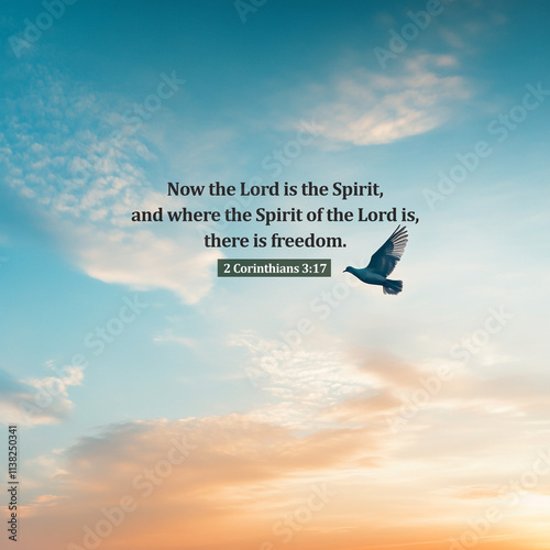 Bible verse quote - Now the Lord in the Spirit, and where the Spirit of the Lord is, there is freedom. 2 Corinthians 3:17 on background of beautiful sunset sky with the bird flying. Pentecost concept.