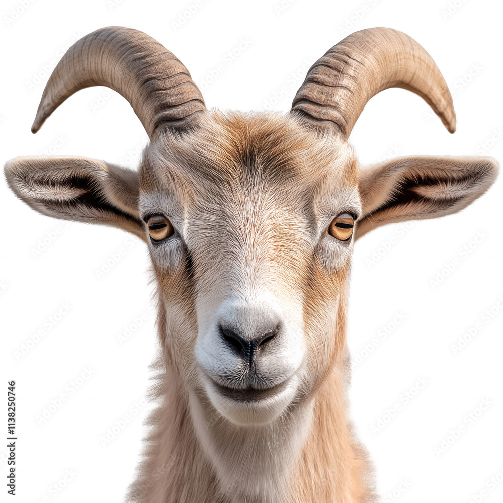 A goat with large horns is staring at the camera A goat with large horns is staring at the camera