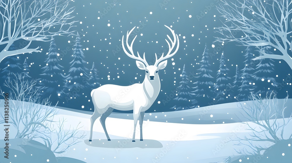 A majestic white deer with perfect antlers, and beautiful winter scenery A majestic white deer with perfect antlers, and beautiful winter scenery