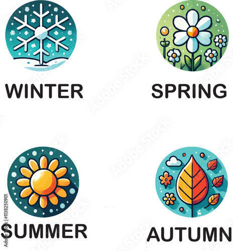 four seasons round vector icons set on white background