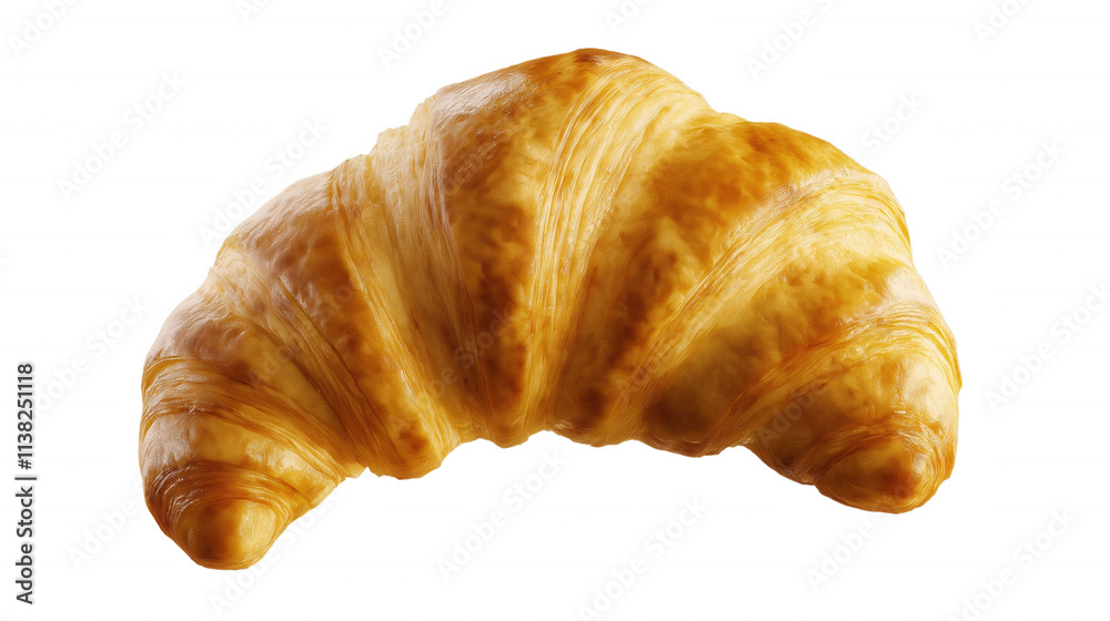 A croissant is shown in a close up on a white background