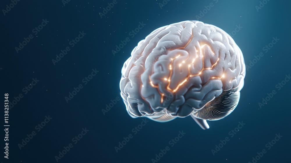 Digital transformation solution adaptability. Digital rendering of a human brain with glowing neural connections against a dark background. Digital transformation solution adaptability. Digital rendering of a human brain with glowing neural connections against a dark background.