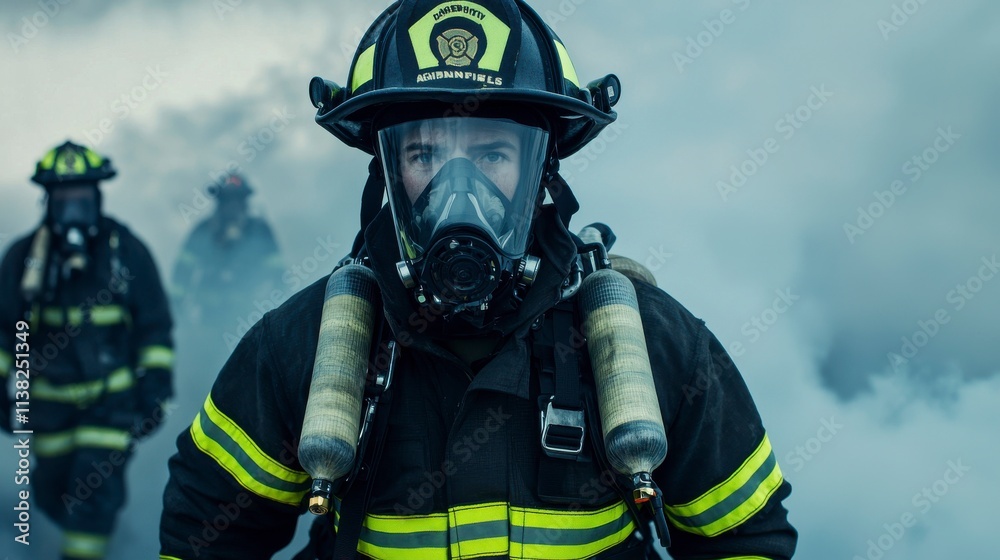 Intrepid Firefighter in Protective Gear Navigates Thick Smoke During Emergency Response Training, Symbolizing Courage and Commitment to Public Safety Intrepid Firefighter in Protective Gear Navigates Thick Smoke During Emergency Response Training, Symbolizing Courage and Commitment to Public Safety
