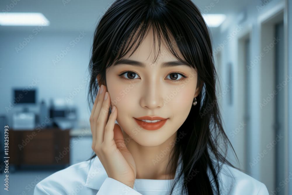 young woman in medical setting, wearing white coat, smiling gently. Her long hair frames her face, conveying sense of warmth and professionalism young woman in medical setting, wearing white coat, smiling gently. Her long hair frames her face, conveying sense of warmth and professionalism