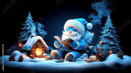 A cheerful blue Santa sits comfortably in a snowy landscape, reading a book near a warm glowing cabin. Pine trees surround the cozy setting, creating a magical winter atmosphere.