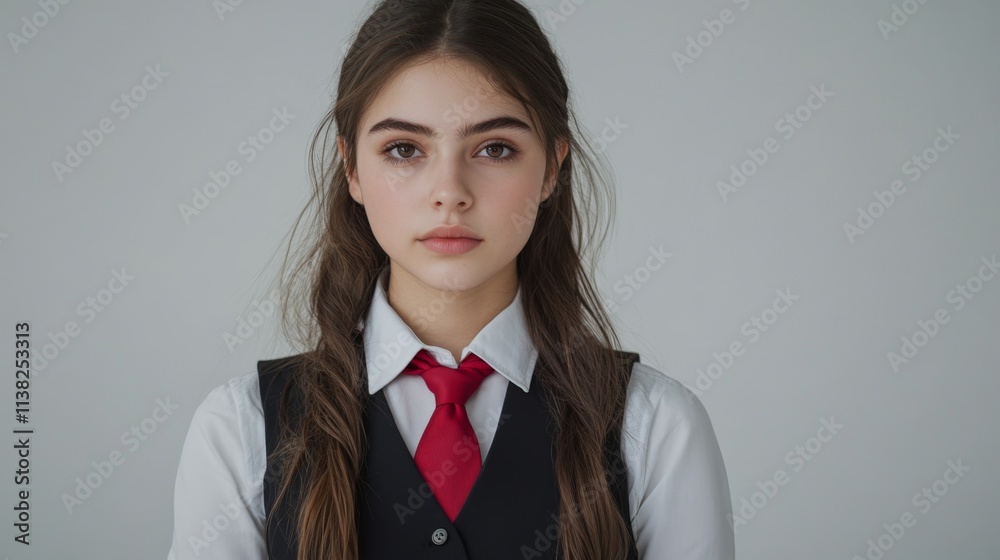 photo of female student in uniform standing isolated over grey background with copy space photo of female student in uniform standing isolated over grey background with copy space