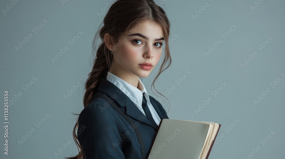 photo of female student in uniform standing isolated over grey background with copy space photo of female student in uniform standing isolated over grey background with copy space