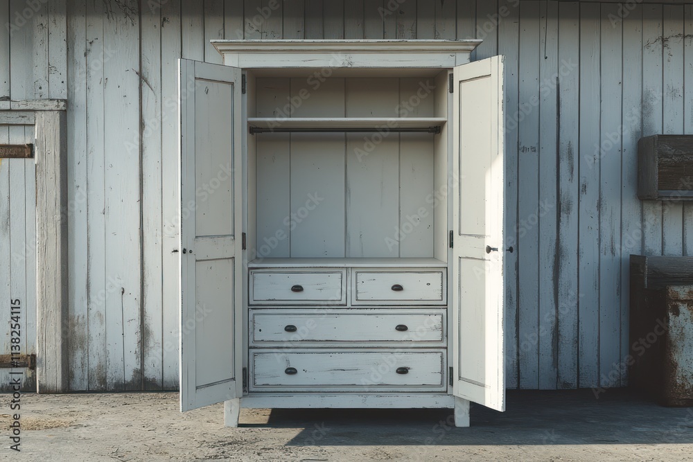 Fototapeta premium Empty white wooden armoire with four drawers and hanging rod against weathered barn backdrop.