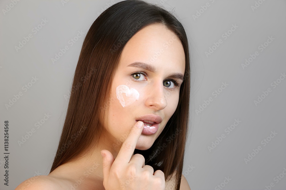 A young beautiful brunette girl applies cream to her face in the shape of a heart. Self care. Portrait of a woman. A young beautiful brunette girl applies cream to her face in the shape of a heart. Self care. Portrait of a woman.