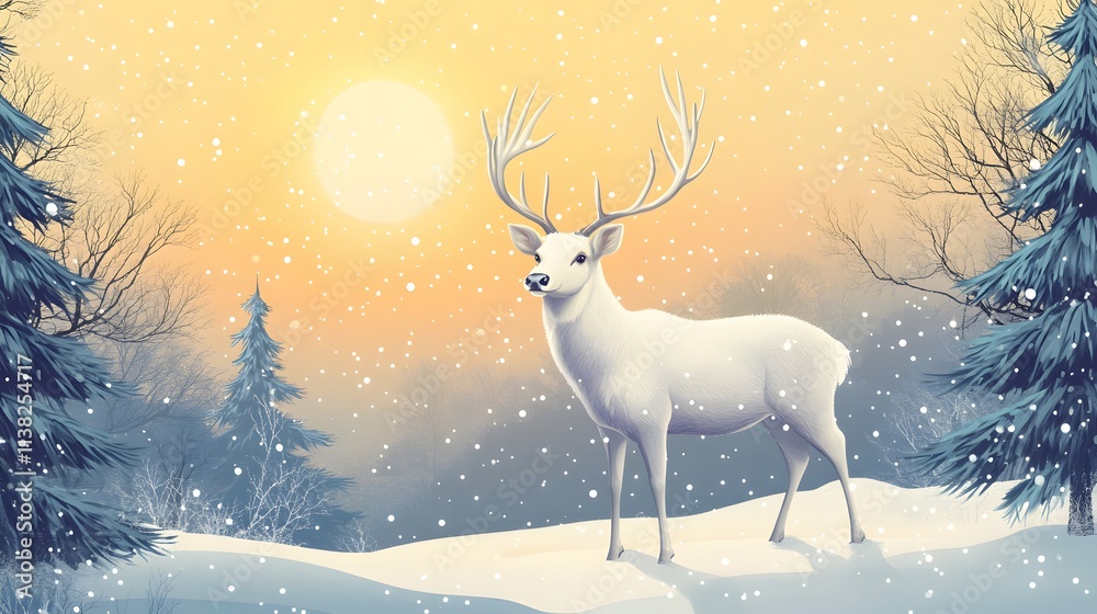 A majestic white deer with perfect antlers, and beautiful winter scenery A majestic white deer with perfect antlers, and beautiful winter scenery