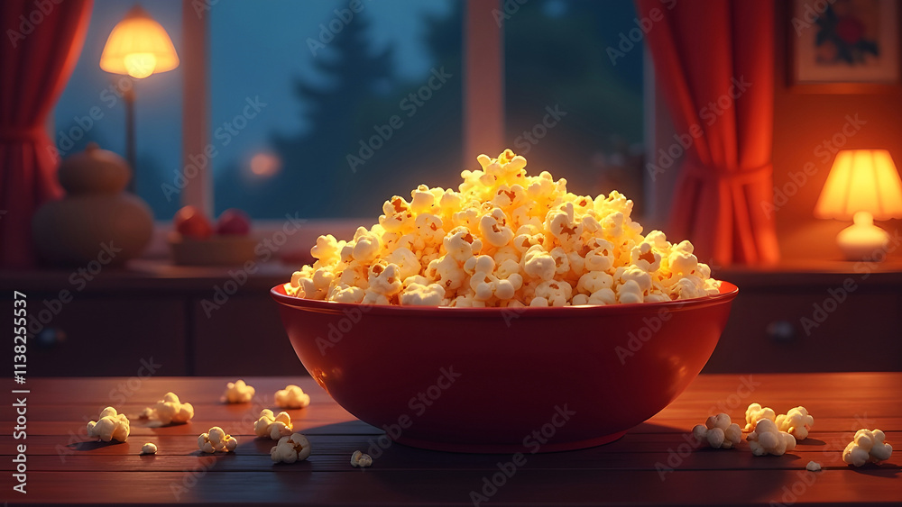 A bowl of popcorn on a wooden table. A bowl of popcorn on a wooden table.