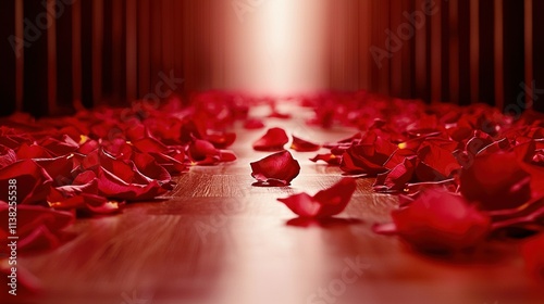   A room adorned with numerous red flowers on a wooden floor, adjacent to a wooden floor with a luminary at its terminus
