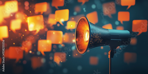 A glowing black megaphone surrounded by vibrant orange speech bubbles symbolizes communication, messaging, and spreading ideas in a dynamic atmosphere