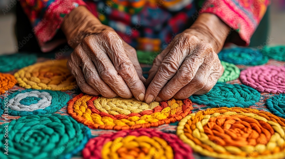 Skilled Artisanal Craftsmanship: A Close-Up of Elderly Hands Working on Colorful Textile Art with Vibrant Circular Patterns in Bright Hues Skilled Artisanal Craftsmanship: A Close-Up of Elderly Hands Working on Colorful Textile Art with Vibrant Circular Patterns in Bright Hues