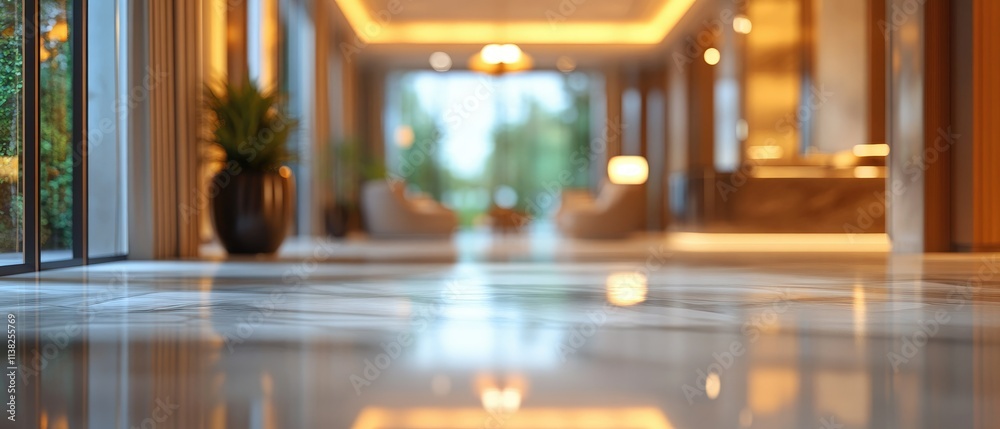 Blurred view of a modern building's interior with shiny floor, plants, and seating area. Blurred view of a modern building's interior with shiny floor, plants, and seating area.