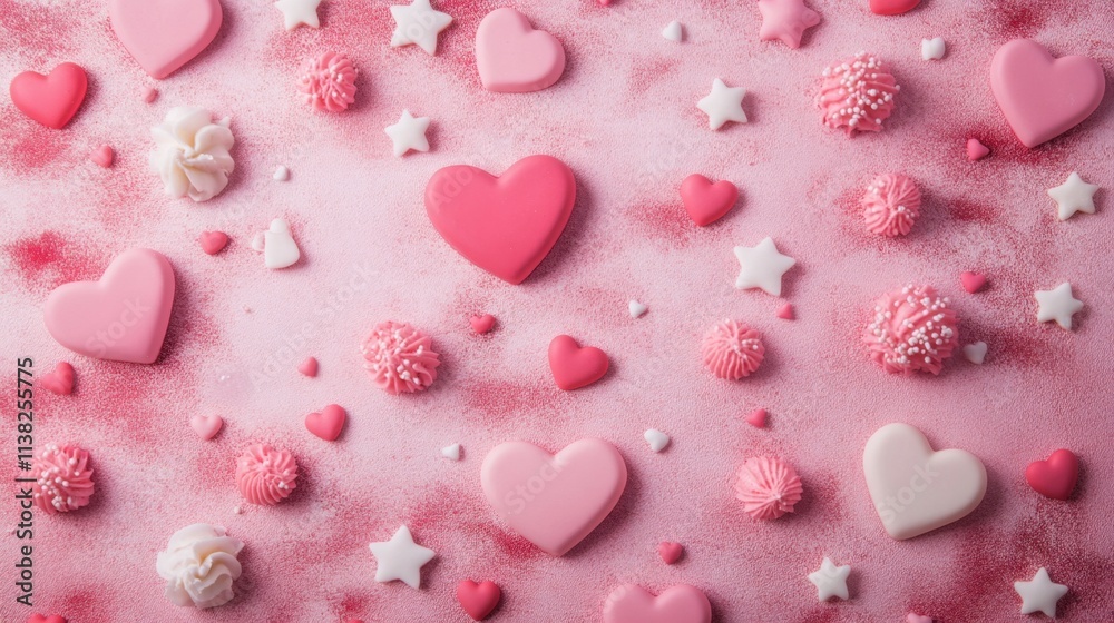 Pink background with hearts, stars and copy space. It's a girl backdrop with copy space Pink background with hearts, stars and copy space. It's a girl backdrop with copy space