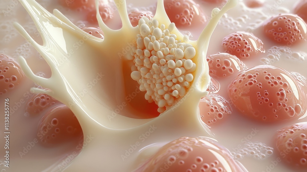[Chemical reaction involving gelatin substrate and yellow particulate] Spherical Object Reacts with Pink Substance in Gelatinous Setting