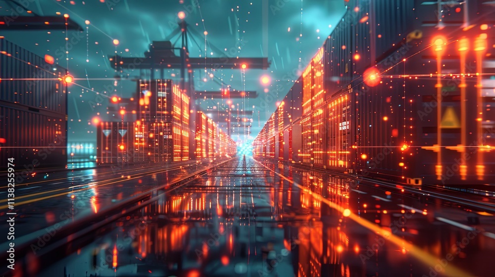 Futuristic Container Port: Illuminated Cargo Corridor with Digital Overlay Futuristic Container Port: Illuminated Cargo Corridor with Digital Overlay