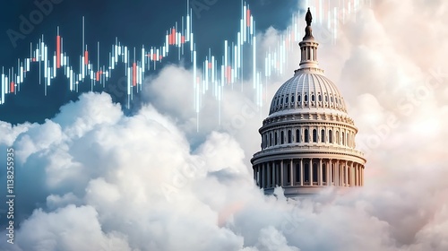 Capitol building, government, stock market. A dramatic scene featuring the Capitol dome emerging from clouds, with a stock market graph overlay, symbolizing financial and political themes.
