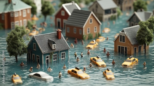 [Flooded City Street Scene] Miniature Cityscape Devastated by Floodwaters: Model of Urban Chaos After Natural Disaster