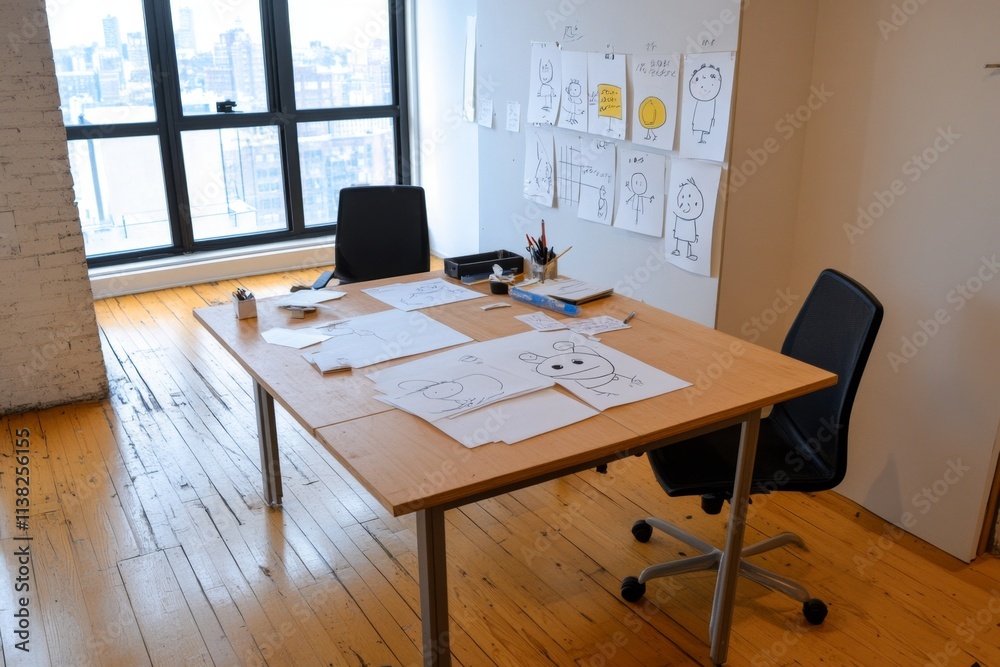 Fototapeta premium A bustling animation studio, with artists sketching characters and scenes, storyboards pinned on the walls