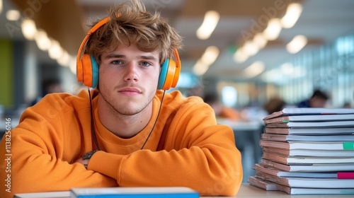 A young man wearing orange headphones sits at a desk surrounded by books, exuding a focused yet relaxed atmosphere, highlighting study and concentration. photo