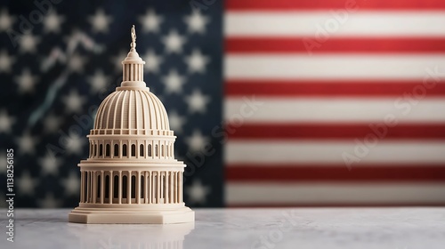 Capitol building, government, stock market. A miniature Capitol dome in front of an American flag, symbolizing democracy and government.