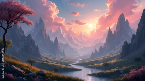 Captured is a scenic view of a serene lake surrounded by vibrant pink and green foliage, towering mountains, and a sunny sky, showcasing the beauty of nature and peaceful environments.