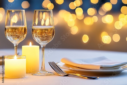 A candlelit dinner scene with small flames reflecting off elegant glassware and cutlery photo