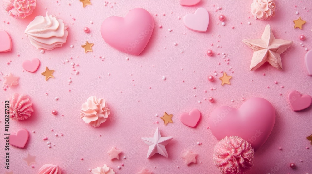 Pink background with hearts, stars and copy space. It's a girl backdrop with copy space Pink background with hearts, stars and copy space. It's a girl backdrop with copy space