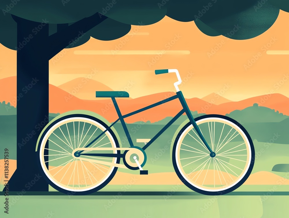 Fototapeta premium Bicycle resting under a tree at sunset