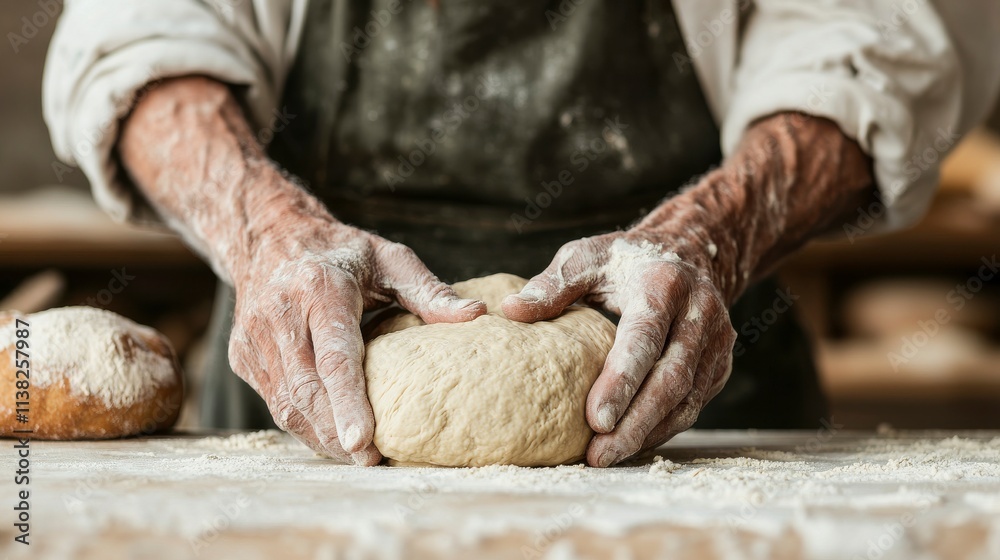 Skilled Artisan Baker Preparing Fresh Dough on a Rustic Wooden Table Surrounded by Flour and Baked Goods in a Cozy Bakery Setting Skilled Artisan Baker Preparing Fresh Dough on a Rustic Wooden Table Surrounded by Flour and Baked Goods in a Cozy Bakery Setting