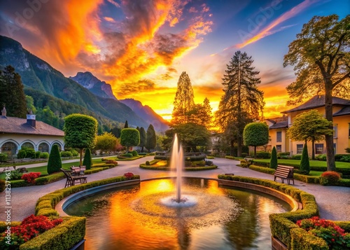 Bad Reichenhall Spa Garden Silhouette, Berchtesgadener Land Germany, Royal Resort Sunset Silhouette Photography photo