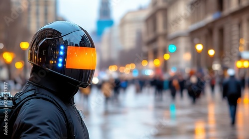 A mysterious futuristic figure wearing a sleek visor helmet stands amid a bustling urban setting, representing the intersection of technology and modern city life.