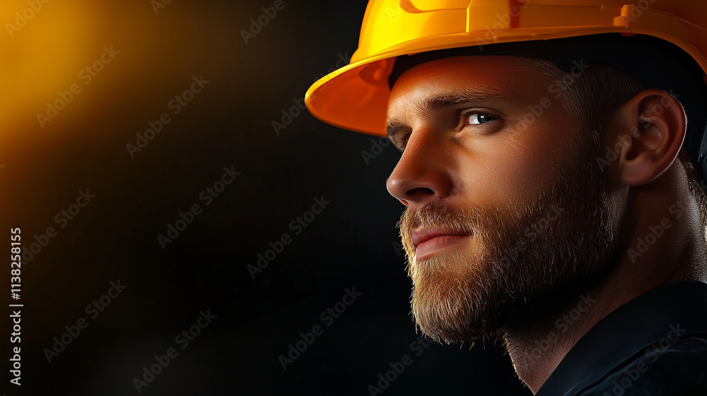 Close-Up of a Construction Worker with Orange Helmet and Glasses Close-Up of a Construction Worker with Orange Helmet and Glasses