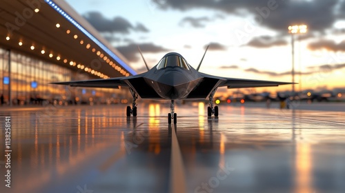 This striking image captures a fighter jet parked on the runway, set against a scenic sunset backdrop, illustrating the harmony between technology and nature.