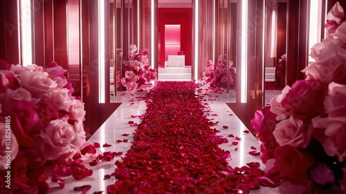   Room full of pink flowers, adjacent to a long white table adorned with red and pink flowers and scattered petals on the floor