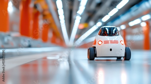 A miniature self-driving car rolls along a sleek hallway with bright overhead lights, exuding a sense of modernity and technological advancement. photo