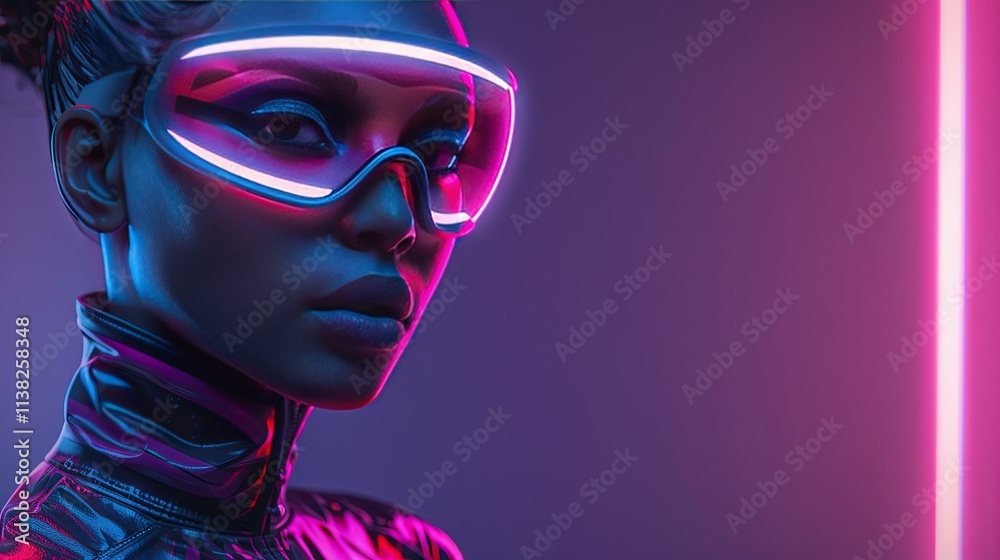 Futuristic Woman in Neon-Lit Goggles, Cyberpunk Style Portrait Futuristic Woman in Neon-Lit Goggles, Cyberpunk Style Portrait