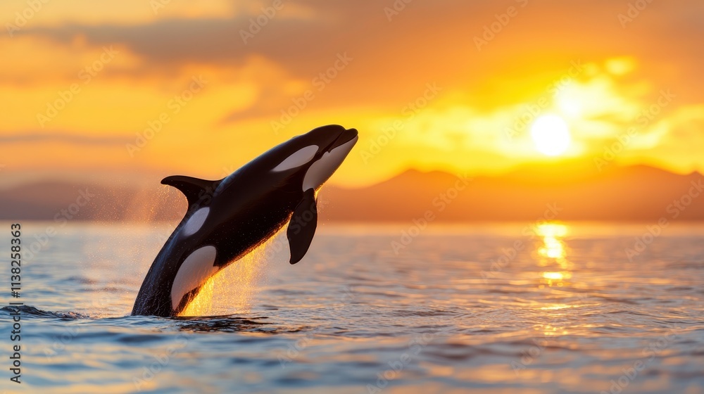 Fototapeta premium A powerful orca rises through the shimmering sunset-illuminated waters, capturing the essence of freedom, wonder, and the serene beauty of the oceanic realm.