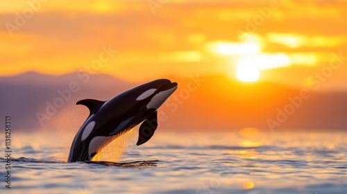 An awe-inspiring orca breaches the ocean surface against a vibrant sunset backdrop, showcasing the beauty of marine life and the serenity of nature's wonders. photo