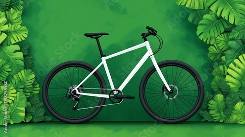 White hybrid bicycle on green background