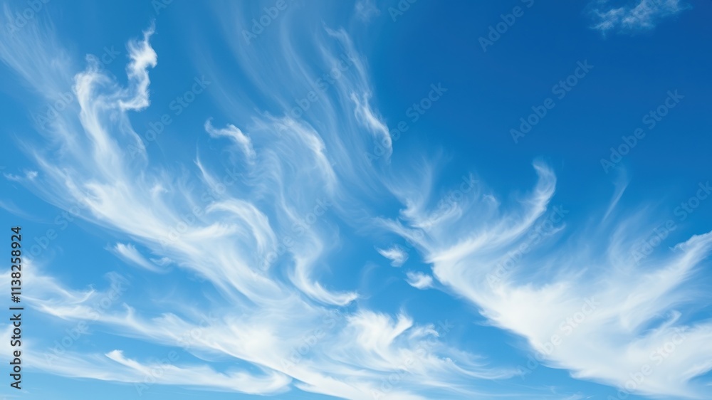 A vibrant blue sky adorned with wispy, flowing clouds, creating a serene and ethereal atmosphere. A vibrant blue sky adorned with wispy, flowing clouds, creating a serene and ethereal atmosphere.