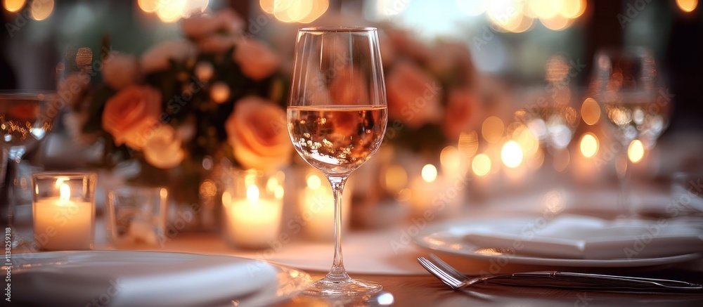Romantic dinner table setting with wine glass, candles, and flowers.